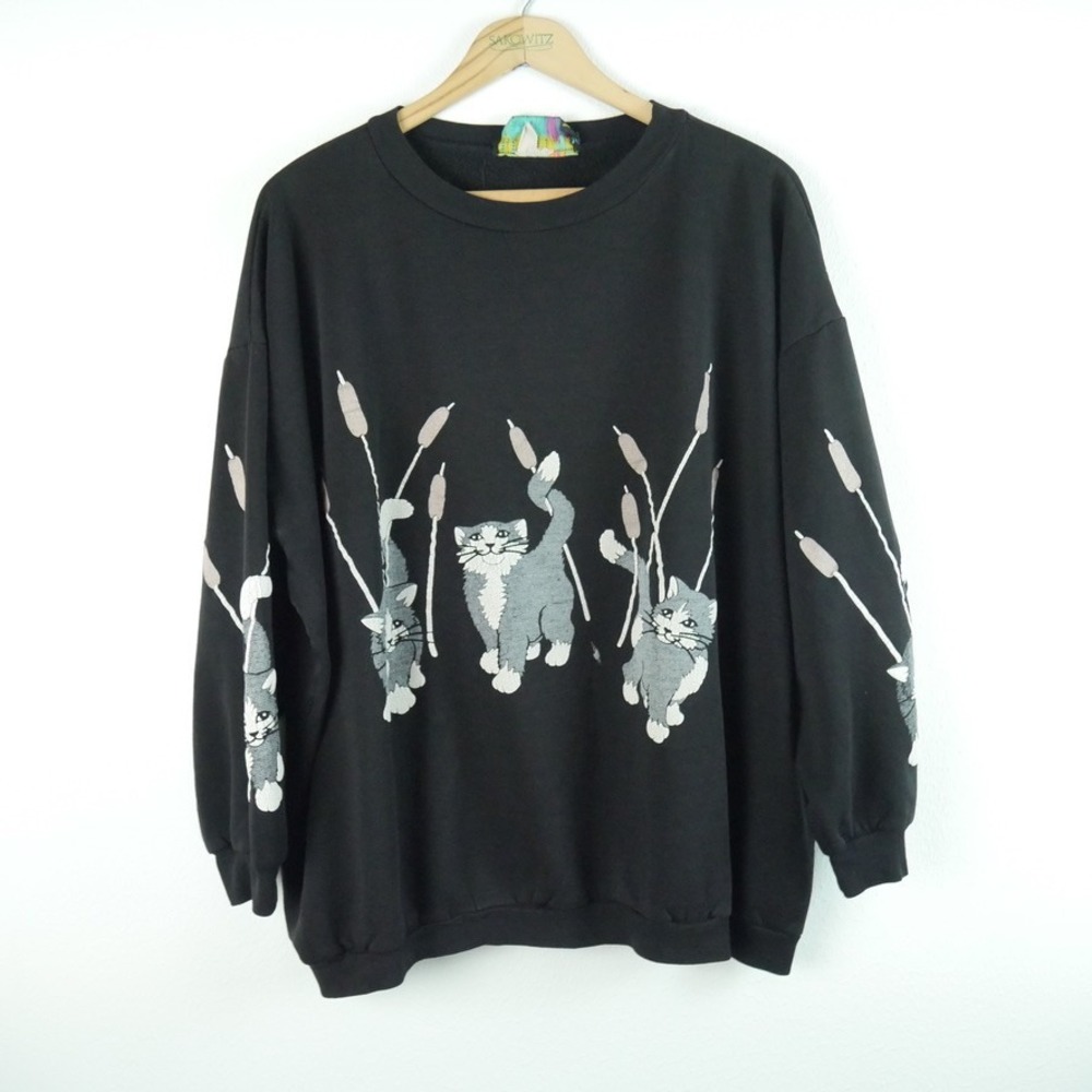 Vintage Kitten Cat Crewneck Graphic Sweatshirt Black One Size THIN WORN 80s